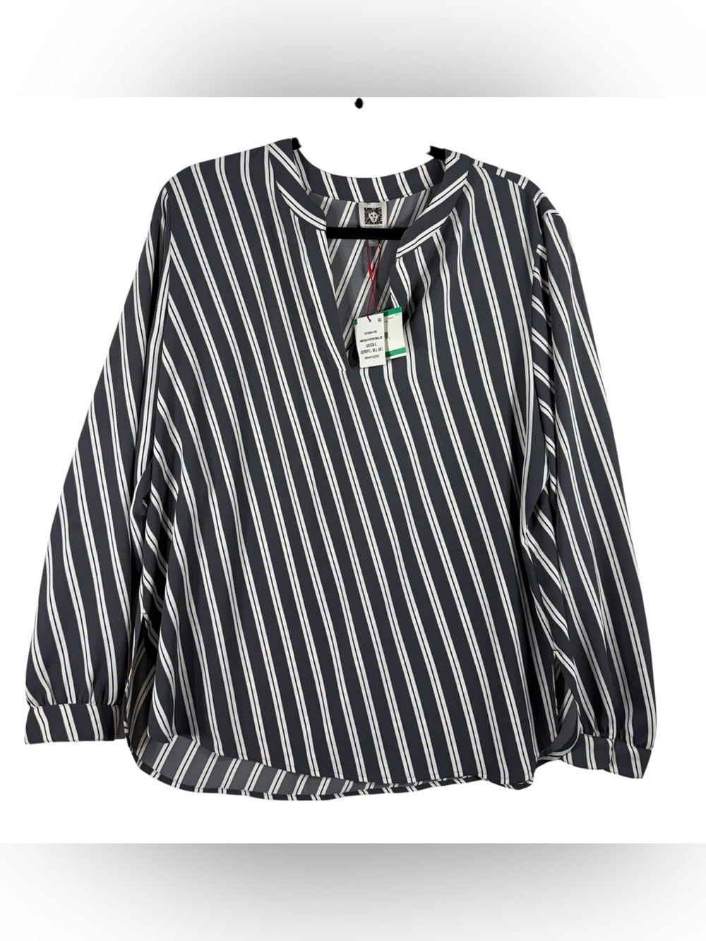 Anne Klein Gray and White Striped V-Neck Blouse